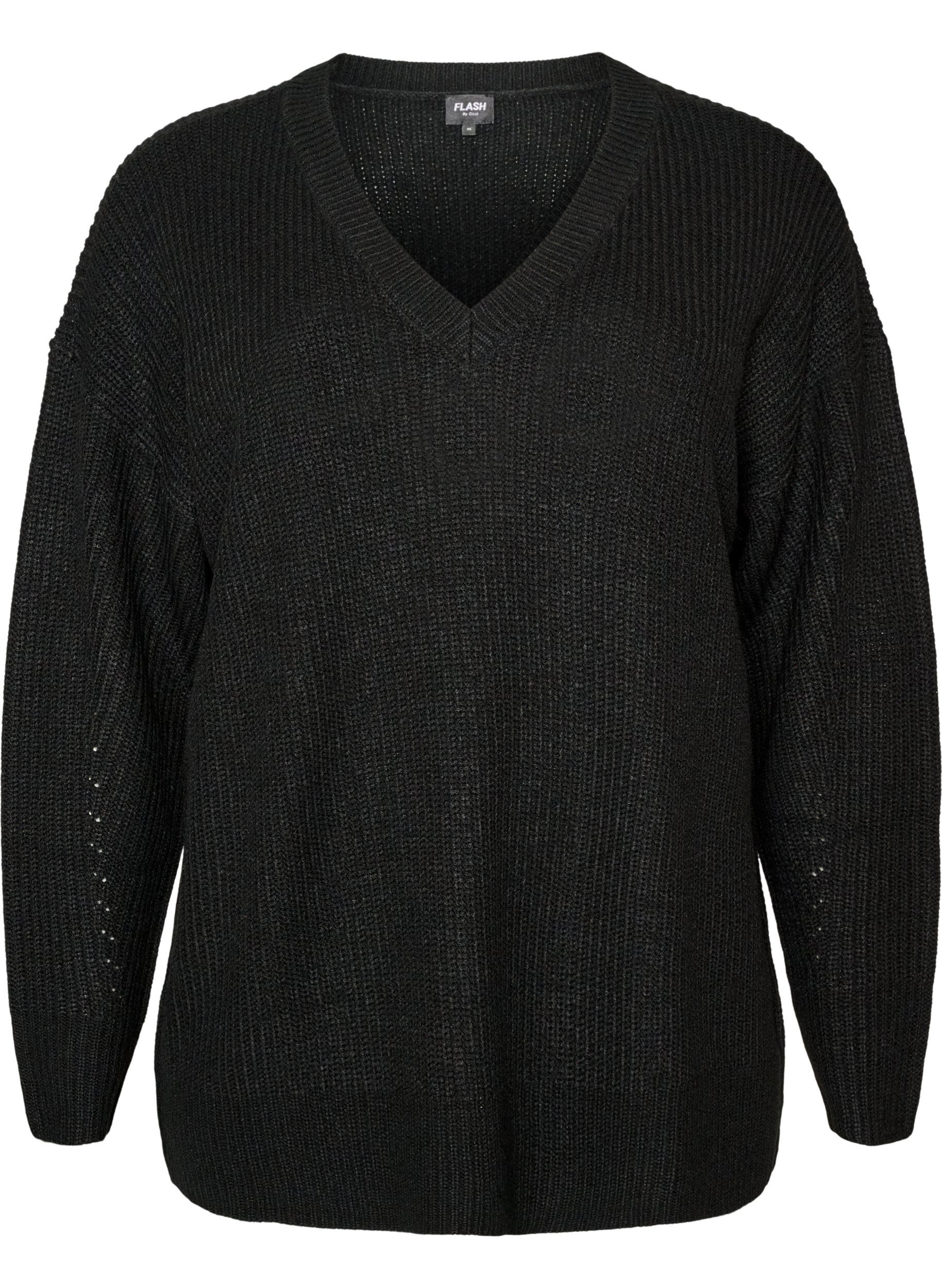 ZizziDluga bluzka z dzianiny prazkowanej z dekoltem V, Czarne, Packshot image number 0