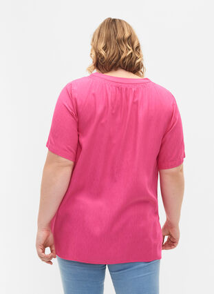 Wiskozowa bluzka z krótkimi rekawami i dekoltem w szpic, Shocking Pink, Model image number 1