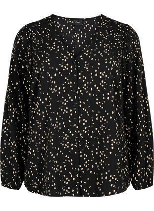 Bluzka koszulowa z dekoltem w serek i nadrukiem, Black Dot AOP, Packshot image number 0