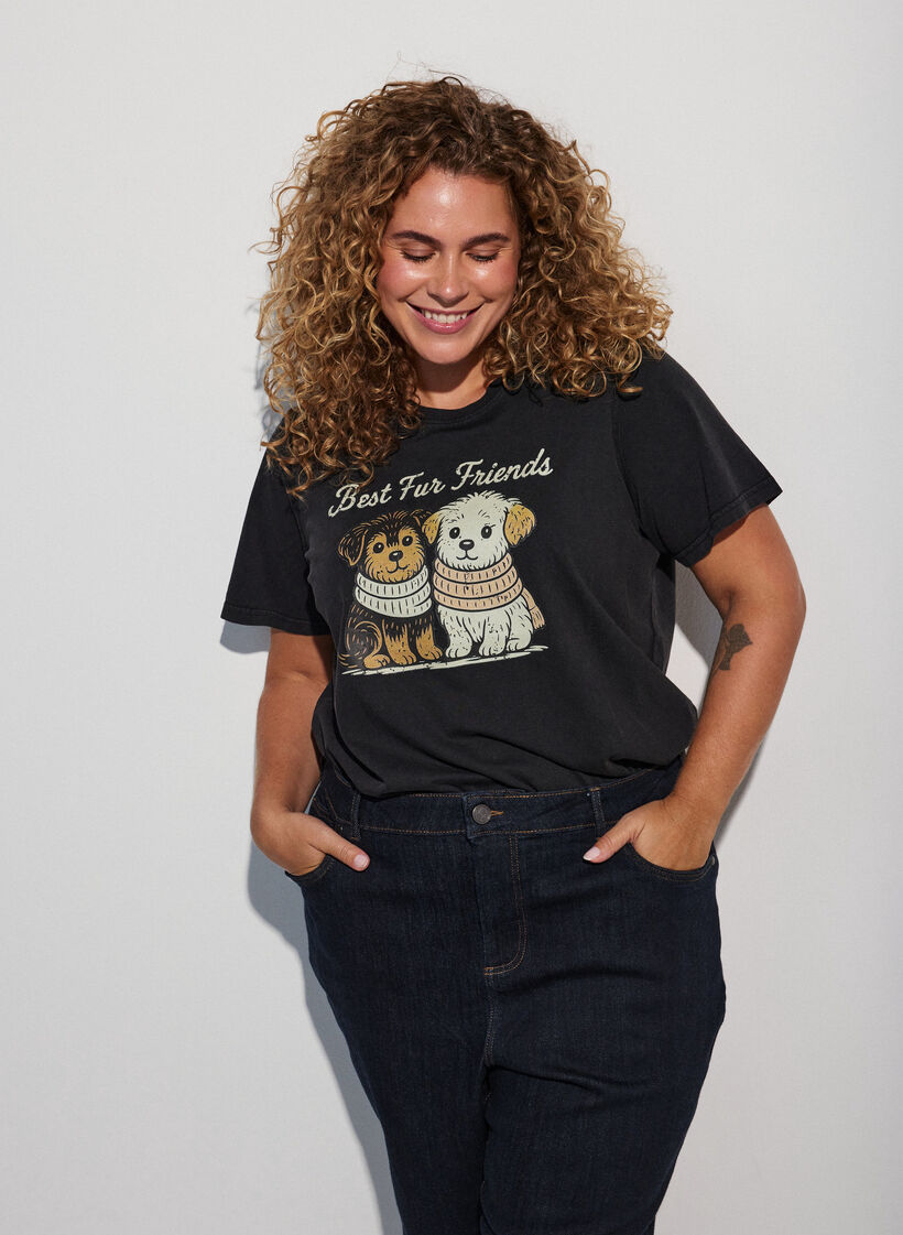 T-shirt z nadrukiem psa i wyblaklym wygladem, Ciemnoszary, Model image number 0