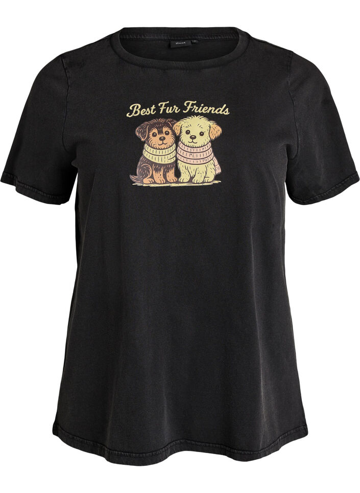 T-shirt z nadrukiem psa i wyblaklym wygladem, Ciemnoszary, Packshot image number 0