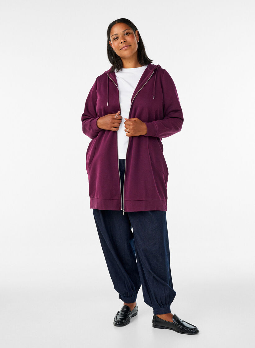 Dluga bluza z kapturem, zamkiem blyskawicznym i kieszeniami, Fioletowy, Model image number 1