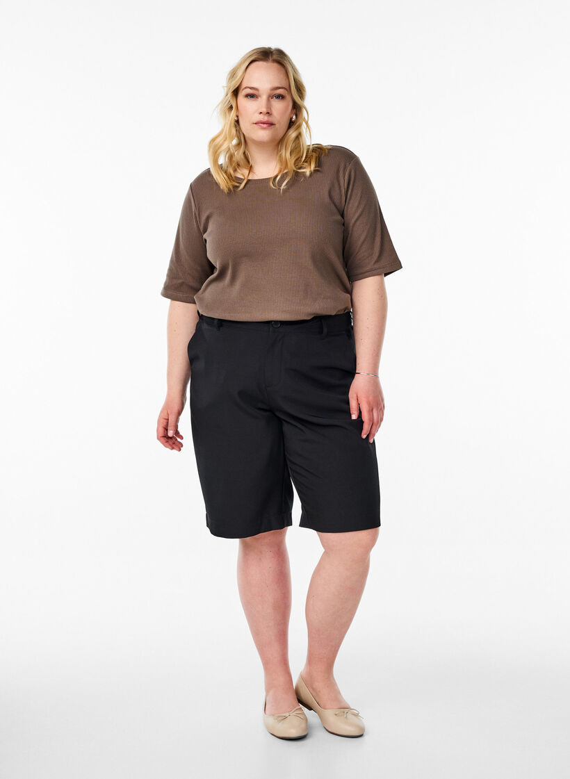 Bluzka z dzerseju w prazki z kr&oacute;tkim rekawem, Brązowy, Model image number 1