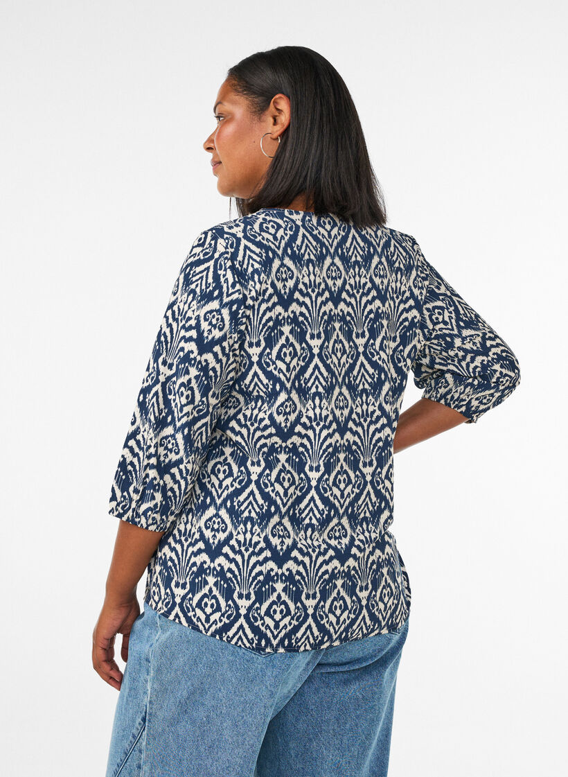 Bluzka z wiskozy w krate z 3/4-sleeves, Niebieskie, Model image number 2