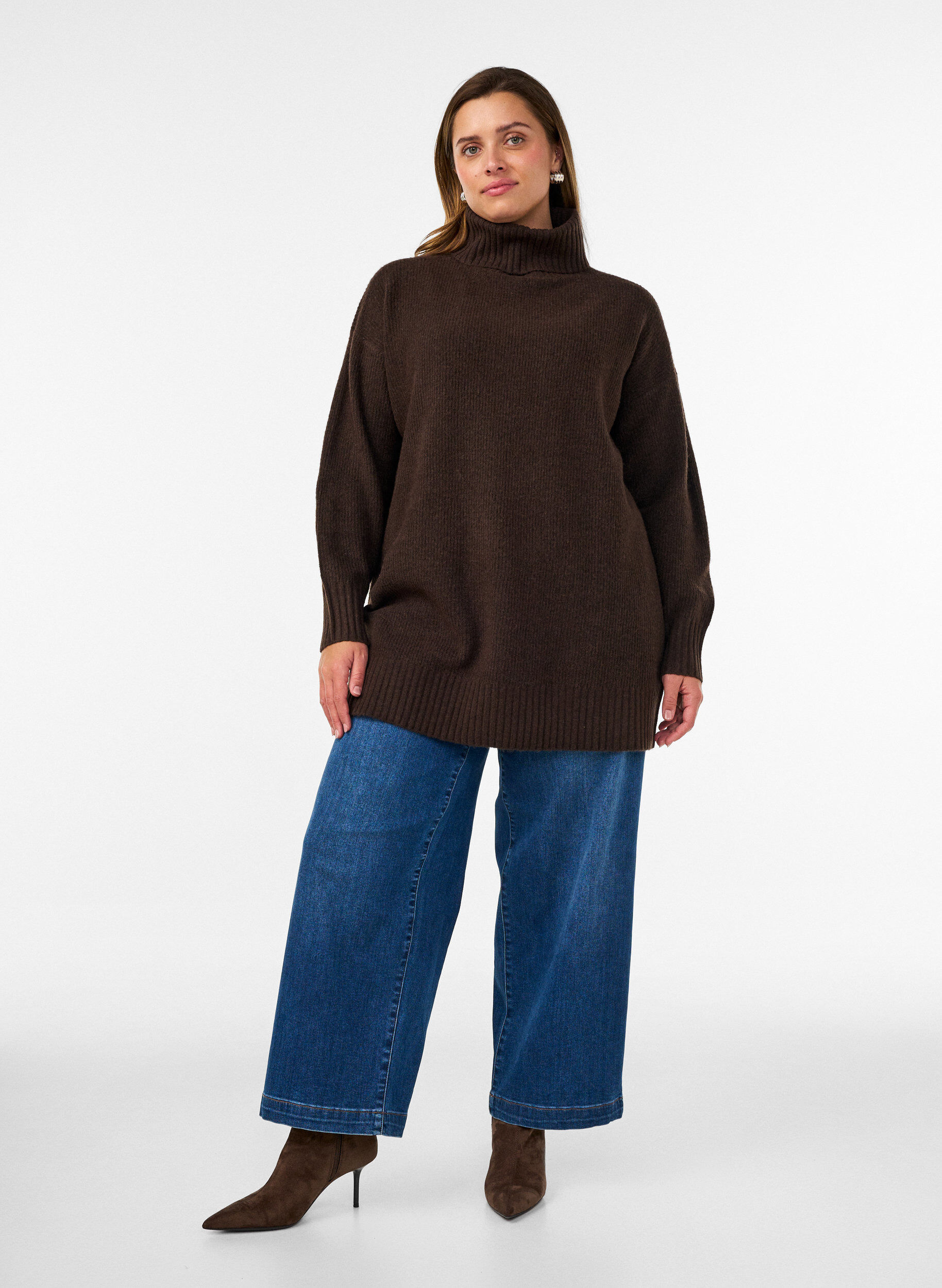 ZizziSweter o luznym splocie z golfem, Brązowy, Model image number 1