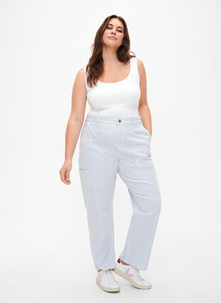  Jeansowe bojówki w paski o prostym kroju, Blue White Stripe, Model image number 0