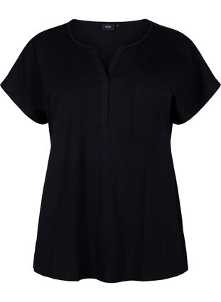 Koszulka z dekoltem w szpic i kieszenia na piersi, Black, Packshot image number 0
