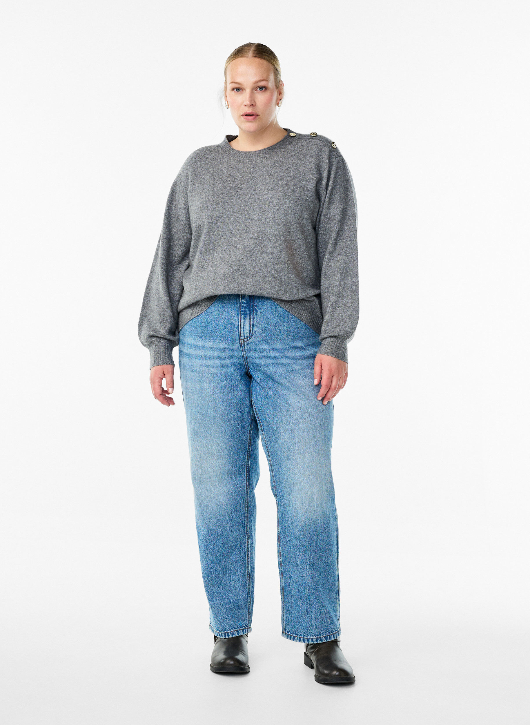 Zizzi Bluzka dzianinowa z ozdobnym guzikiem, Szary, Model image number 1