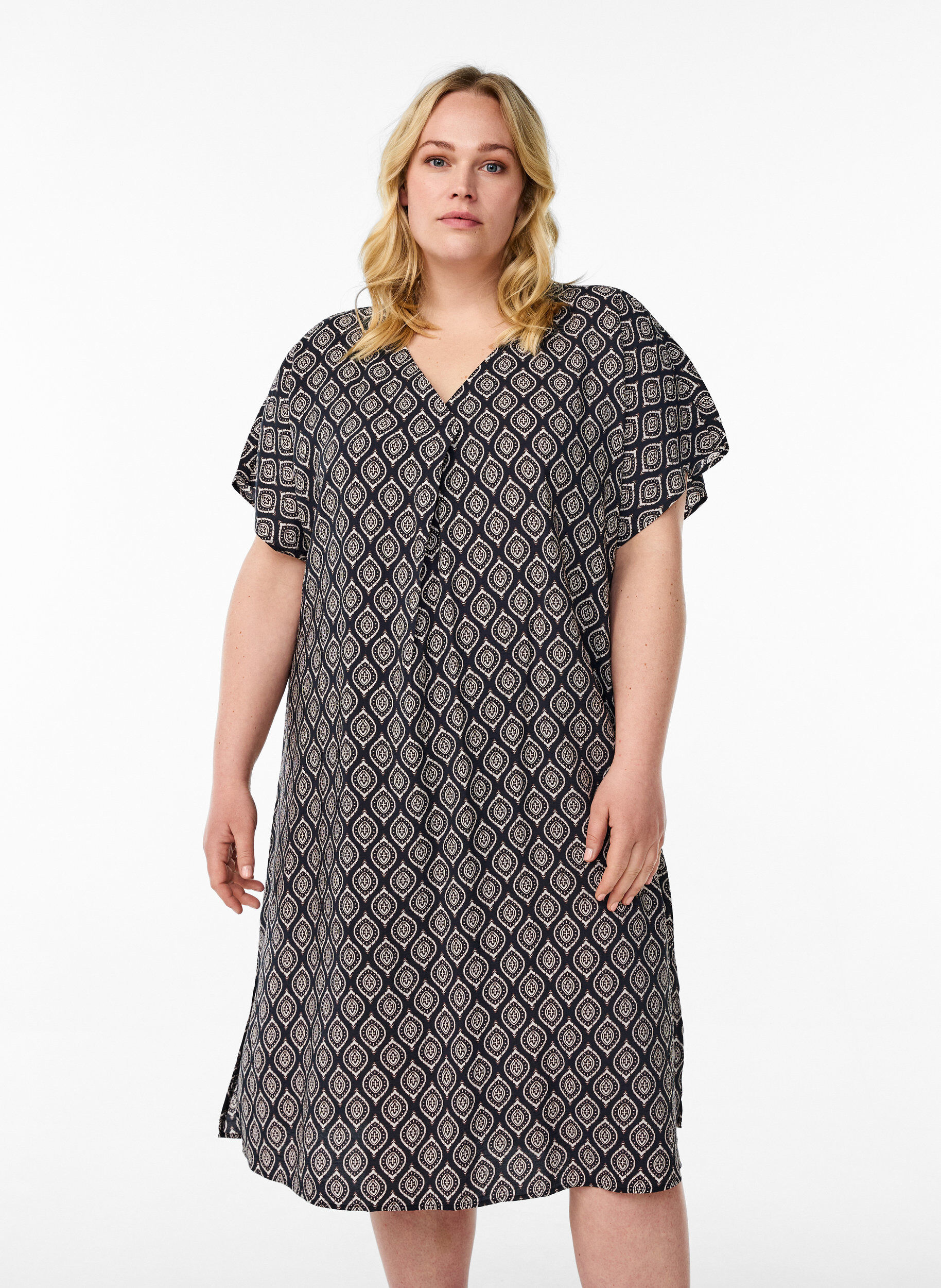 Wiskozowa sukienka z dekoltem w szpic, Niebieskie, Model