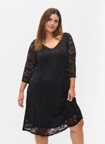Koronkowa sukienka z rekawem 3/4, Black, Model image number 0
