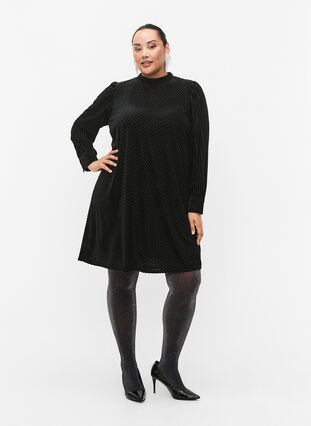 Welurowa sukienka o strukturalnym wzorze, Black, Model image number 3