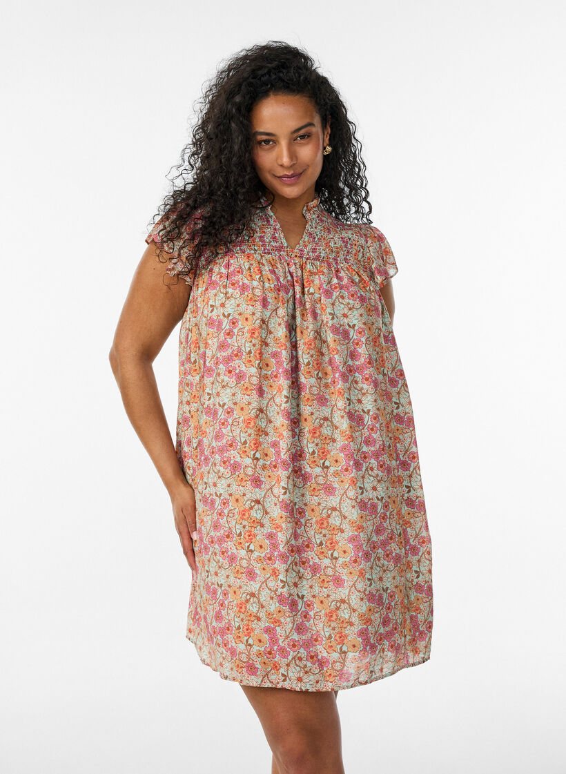 Kr&oacute;tka wiskozowa sukienka z marszczeniami i kwiatowym nadrukiem, Pomarańczowy, Model image number 0