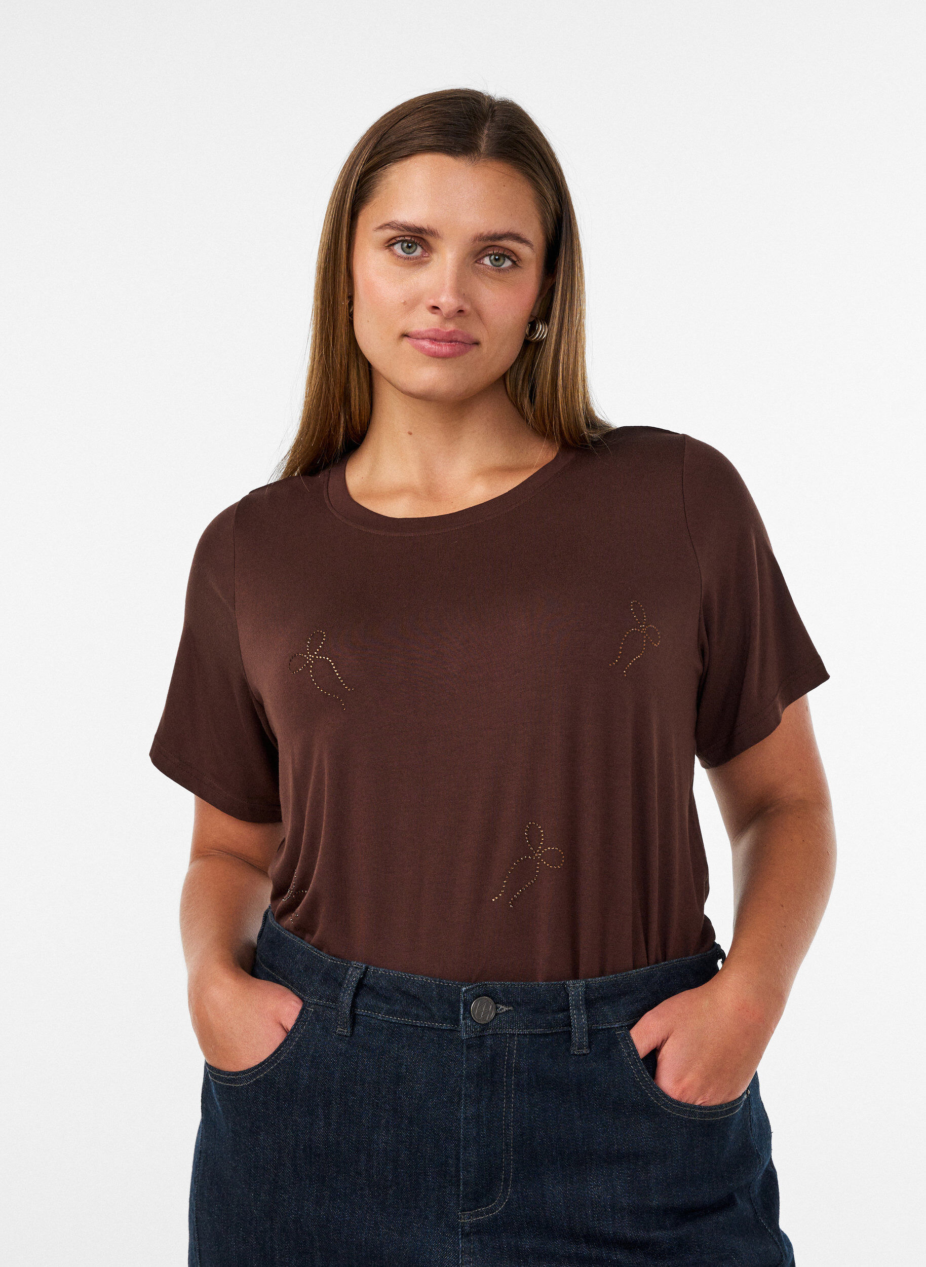ZizziWiskozowy T-shirt z dzetami, Brązowy, Model image number 0