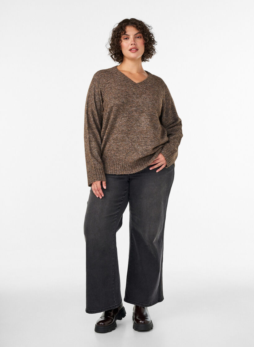 Sweter z dekoltem w serek, Brązowy, Model image number 1