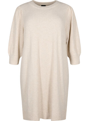 Dzianinowa sukienka z bufiastymi rekawami o dlugosci 3/4, Pumice S./White Mel., Packshot image number 0