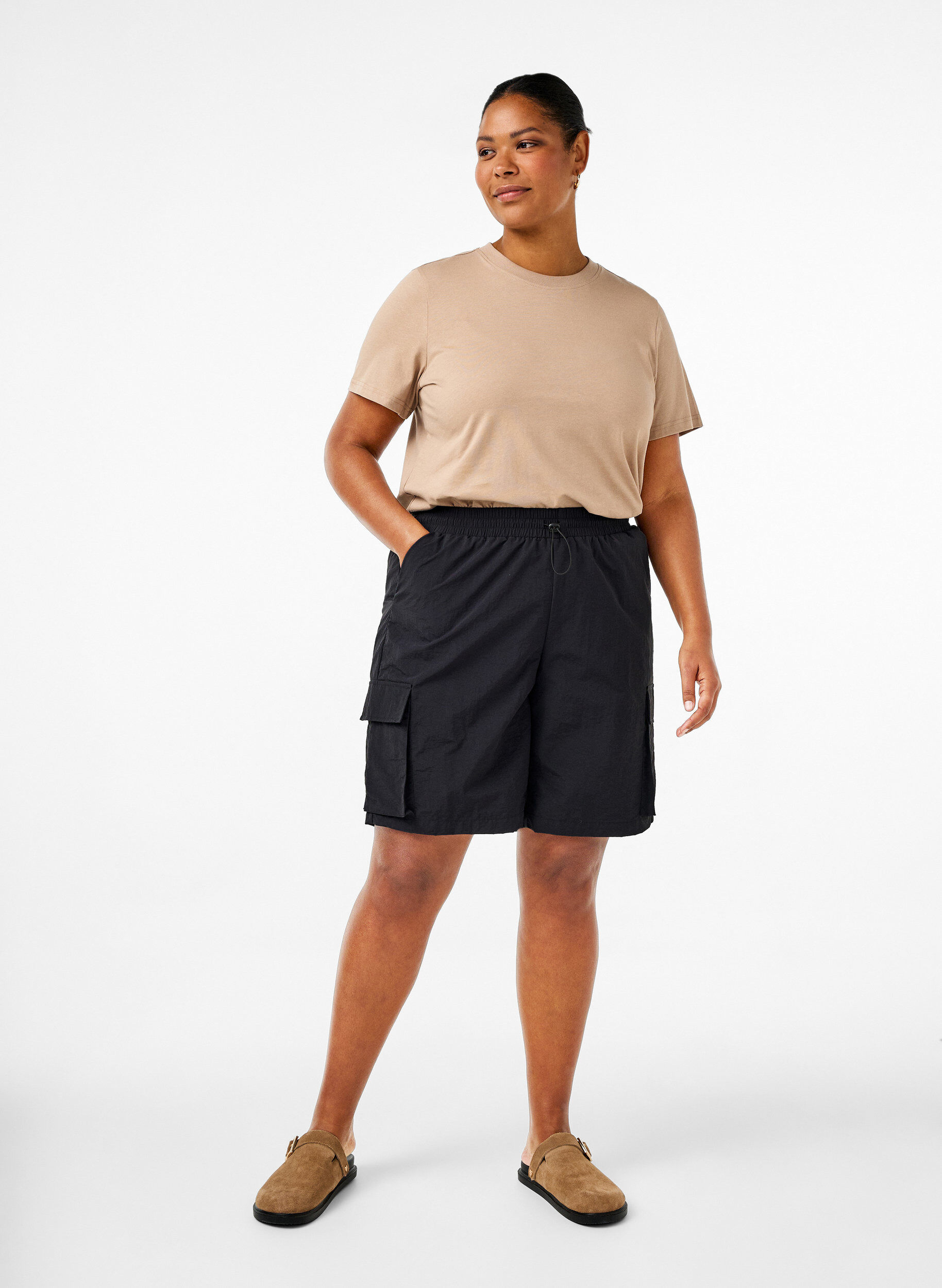 ZizziPodstawowa koszulka bawelniana z okraglym dekoltem, Beżowy, Model image number 1