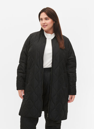 Dluga pikowana kurtka z kieszeniami i suwakiem, Black, Model image number 0