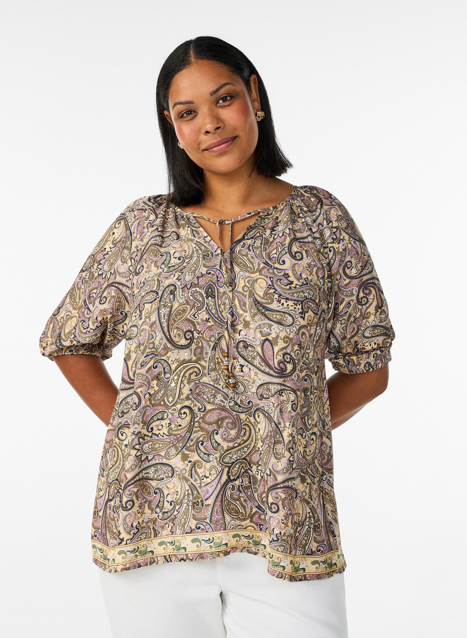 ZizziBluzka z wiskozy z nadrukiem w paisley i wiazaniem, Ż&oacute;łty, Model image number 0