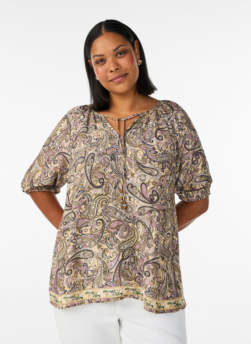 Bluzka z wiskozy z nadrukiem w paisley i wiazaniem, Ż&oacute;łty, Model image number 0