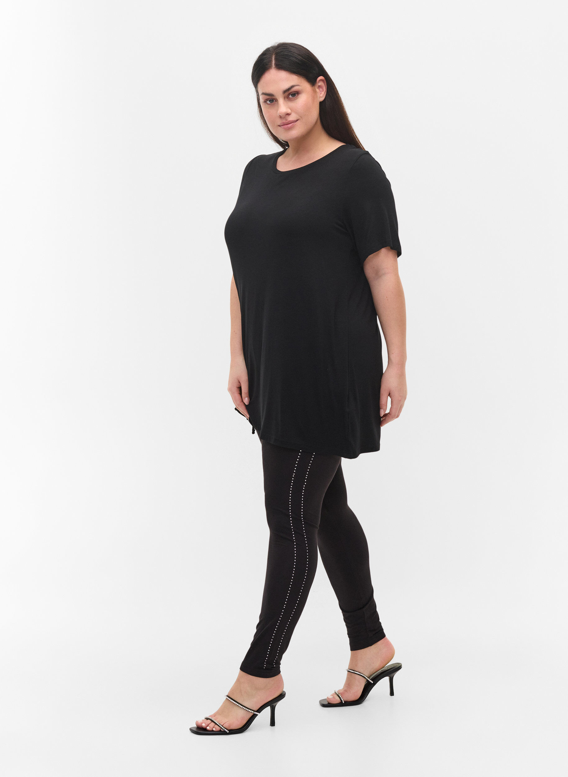 ZizziViscose leggings with stones on the side, Black, Model image number 0