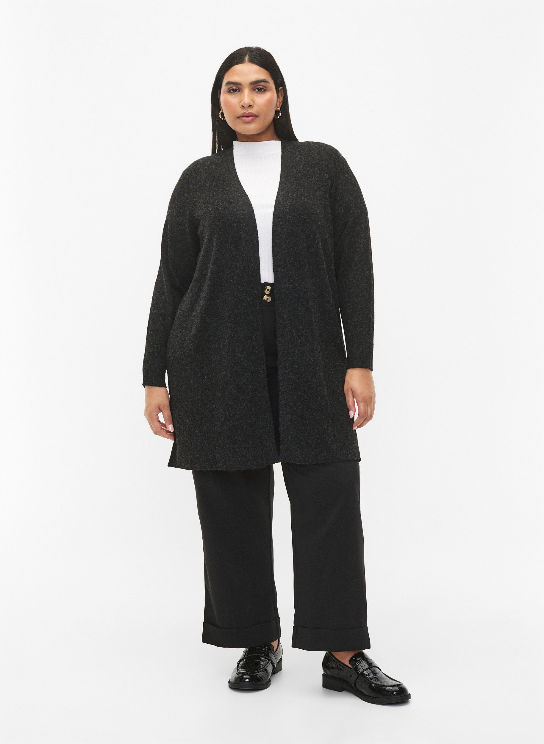 Zizzi Dlugi kardigan z otwartym przodem, Dark Grey Melange, Model image number 2