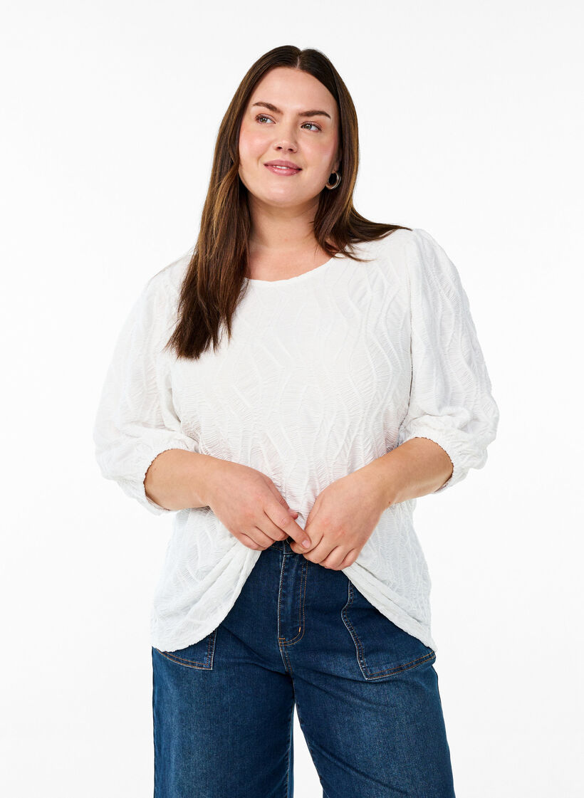 Bluzka z faktura i rekawami 3/4, Biały, Model image number 0