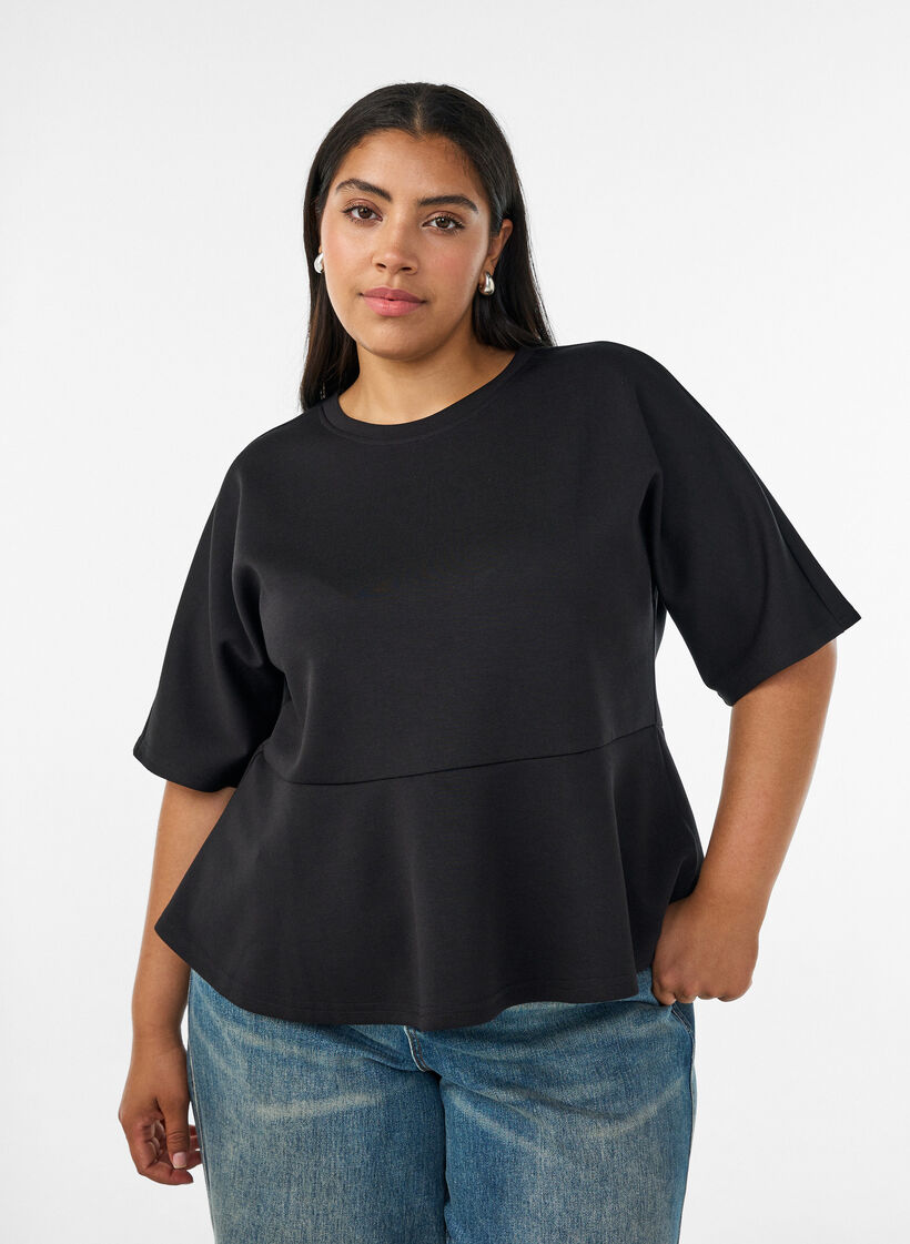 Bluzka peplum z rekawami do lokcia, Czarne, Model image number 0