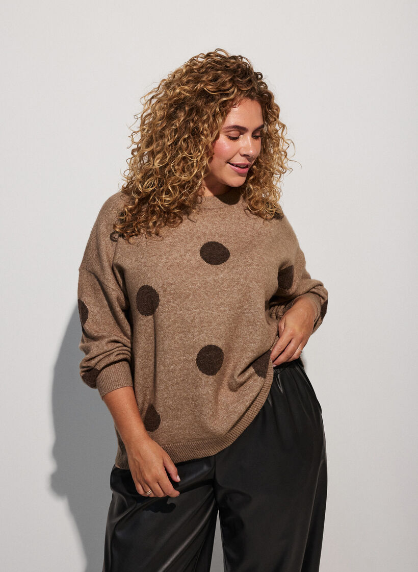 Bluzka dzianinowa w kropki, Brązowy, Model image number 0