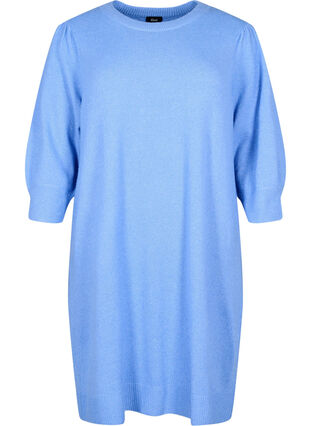 Dzianinowa sukienka z bufiastymi rekawami o dlugosci 3/4, Blue B. /White Mel., Packshot image number 0