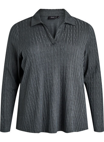 Bluzka dzianinowa z kolnierzykiem i splotem kablowym, Zielony, Model