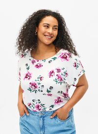 Kwiatowa bluzka z wiskozy z krótkim rekawem, White Pink AOP, Model