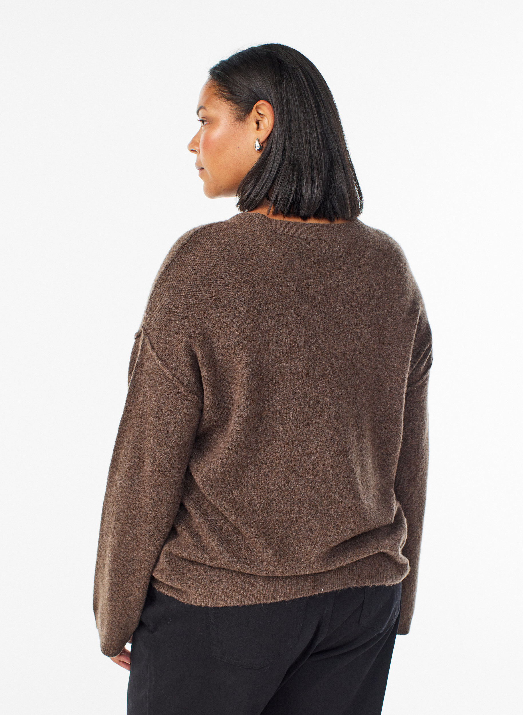 ZizziLuzny dzianinowy sweter z widocznymi szwami, Brązowy, Model image number 2