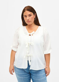 Bawelniana bluzka z rekawem 3/4, uszyta z mieszanki bawelny z lnem, Bright White, Model