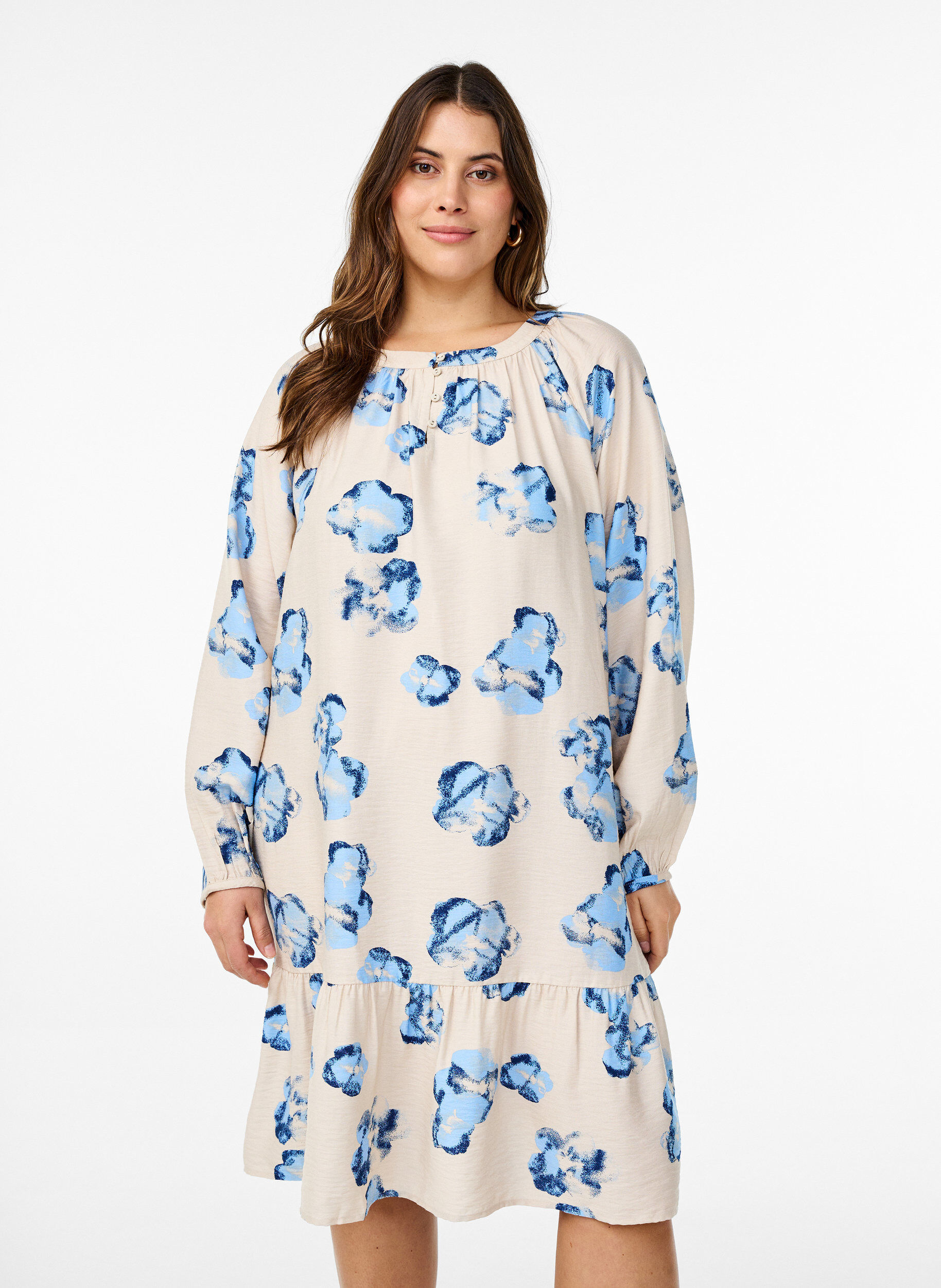 Zizzi Sukienka do kolan z dlugimi rekawami i krojem w ksztalcie litery A, Biały, Model image number 0