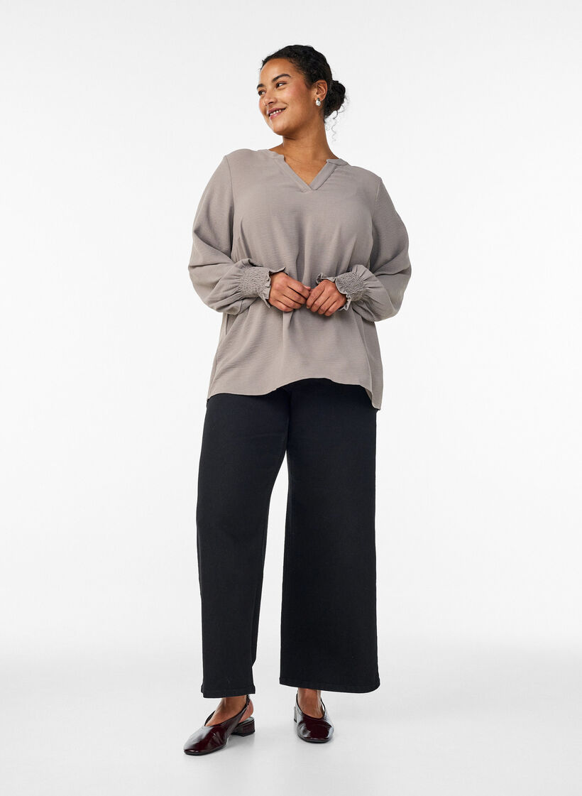 Bluzka z bufiastymi mankietami i dekoltem w ksztalcie litery V, Beżowy, Model image number 1