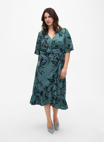 Kopertowa sukienka z nadrukiem i krótkim rekawem, Sea Pine Leaf AOP, Model image number 0