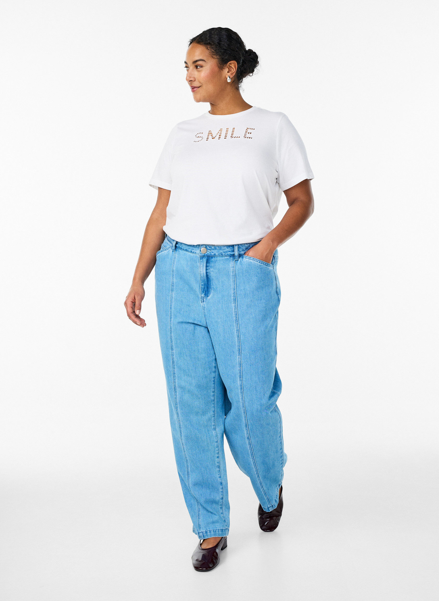 Zizzi Koszulka bawelniana z haftowanym tekstem, Biały, Model image number 1