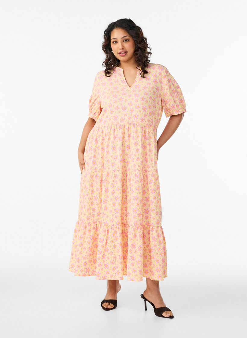 Sukienka do kostek z kr&oacute;tkimi rekawami i warstwowymi falbankami, Ż&oacute;łty, Model image number 0