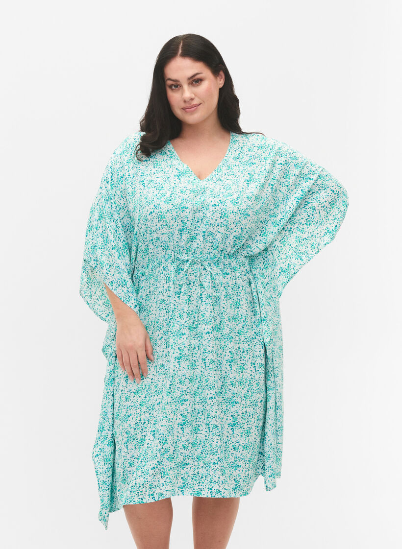 Sukienka kaftan z wiskozy z nadrukiem, Green Dot, Model image number 0