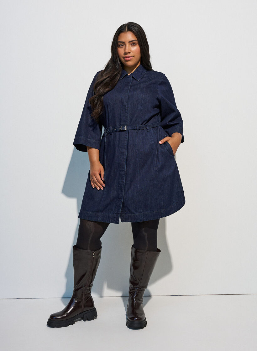 Sukienka z denimu z pasem i 3/4-sleeves, Niebieskie, Model image number 1