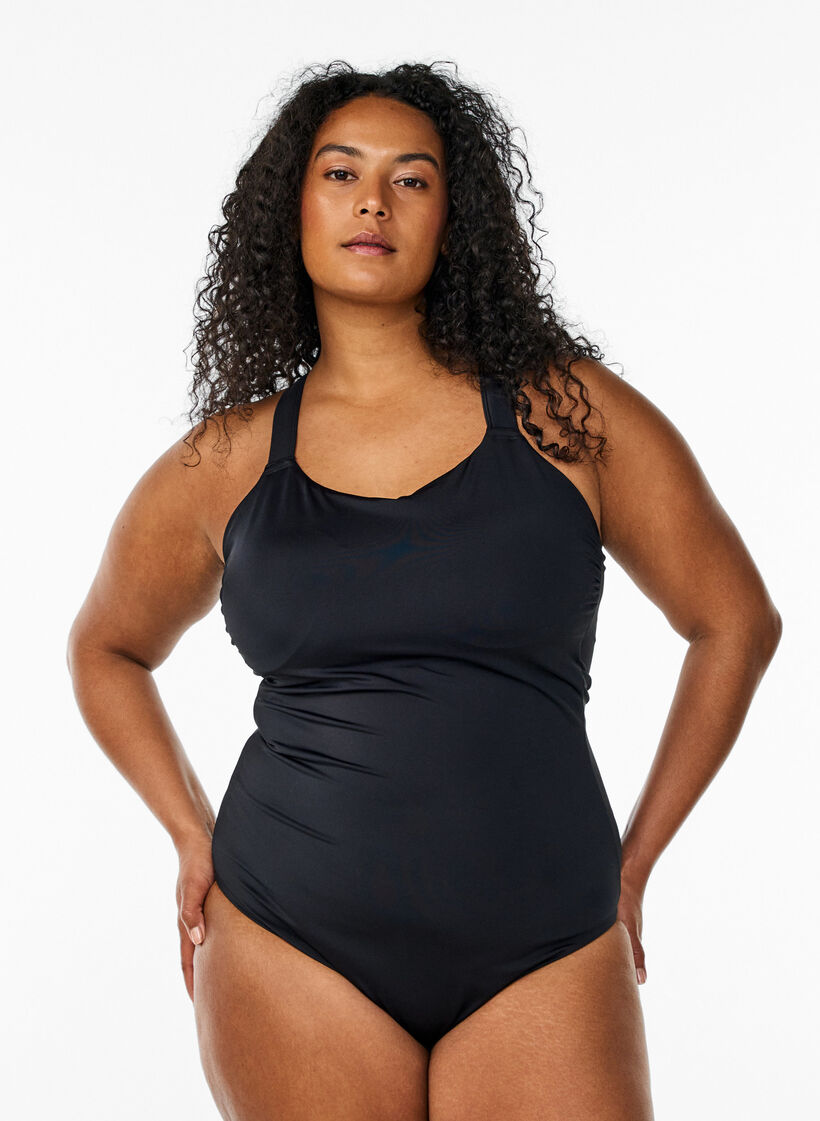 Strój kapielowy ze skrzyzowanymi ramiaczkami, Czarne, Model image number 0