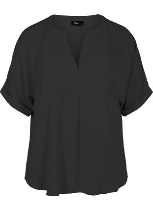 Bluzka z krótkim rekawem i dekoltem w serek, Black, Packshot image number 0