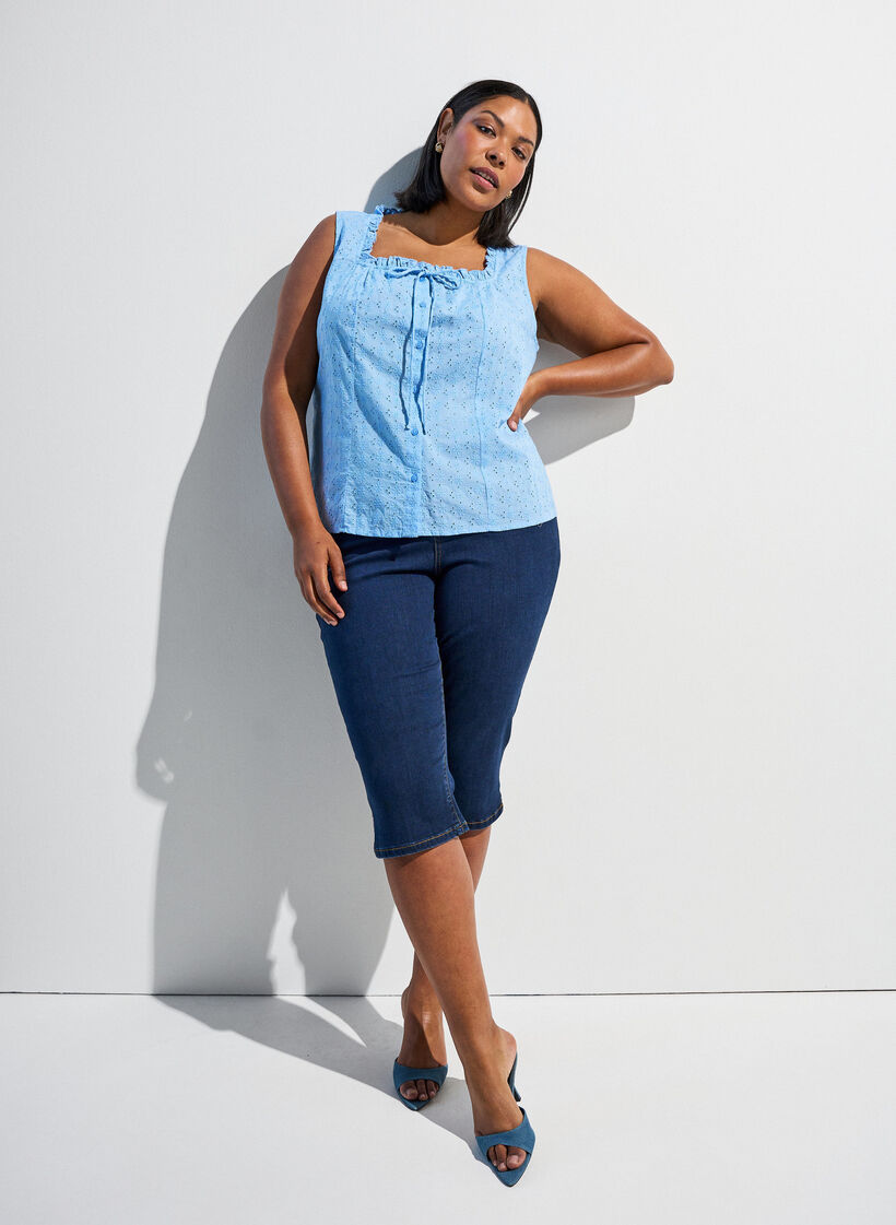 Bluzka bez rekaw&oacute;w z koronka i falbankami, Niebieskie, Image image number 0