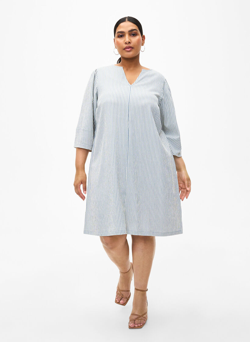 Pasiasta sukienka z rekawem 3/4, Blue Stripe, Model image number 2