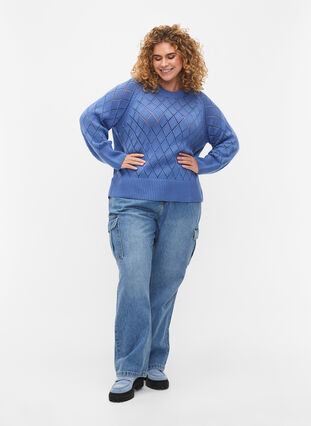 Dzianinowa bluzka z dlugim rekawem i azurowym wzorem, Blue Bonnet, Model image number 2