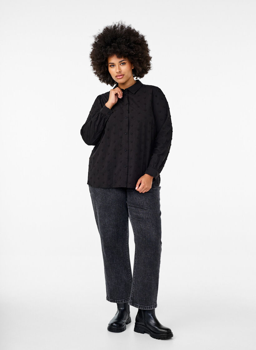 Koszula z kolnierzykiem i naszytymi sercami, Czarne, Model image number 1