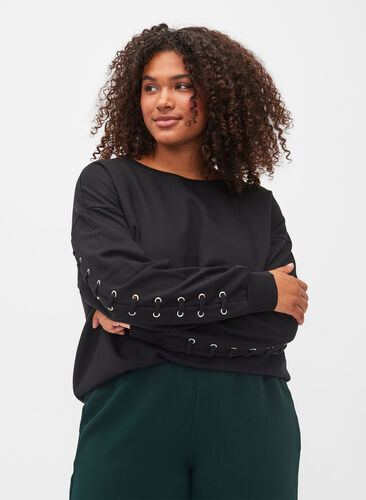 Bawelniana bluza z koronkowymi detalami, Black, Model image number 0