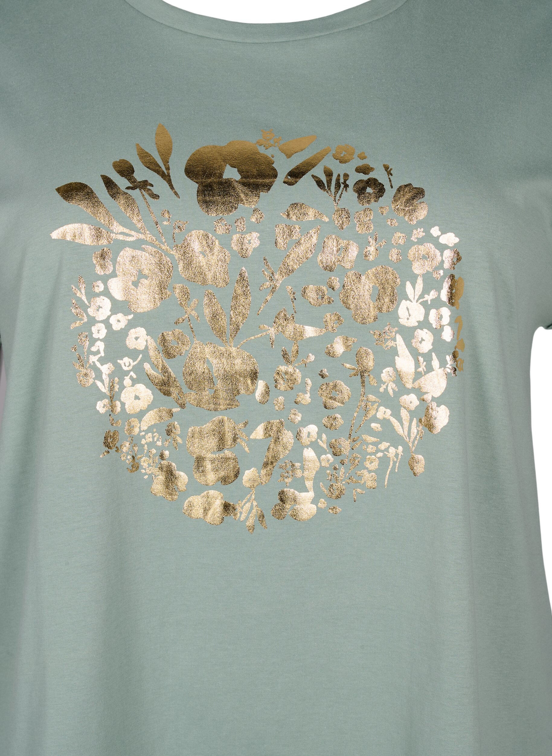 Zizzi T-shirt z organicznej bawelny ze zlotym nadrukiem, Ch.Green Gold Flower, Packshot image number 2