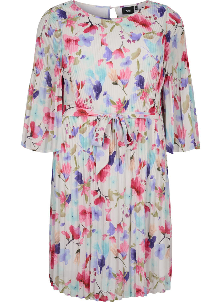 Wzorzysta plisowana sukienka z wiazaniem w pasie, White/MultiFlowerAOP, Packshot image number 0