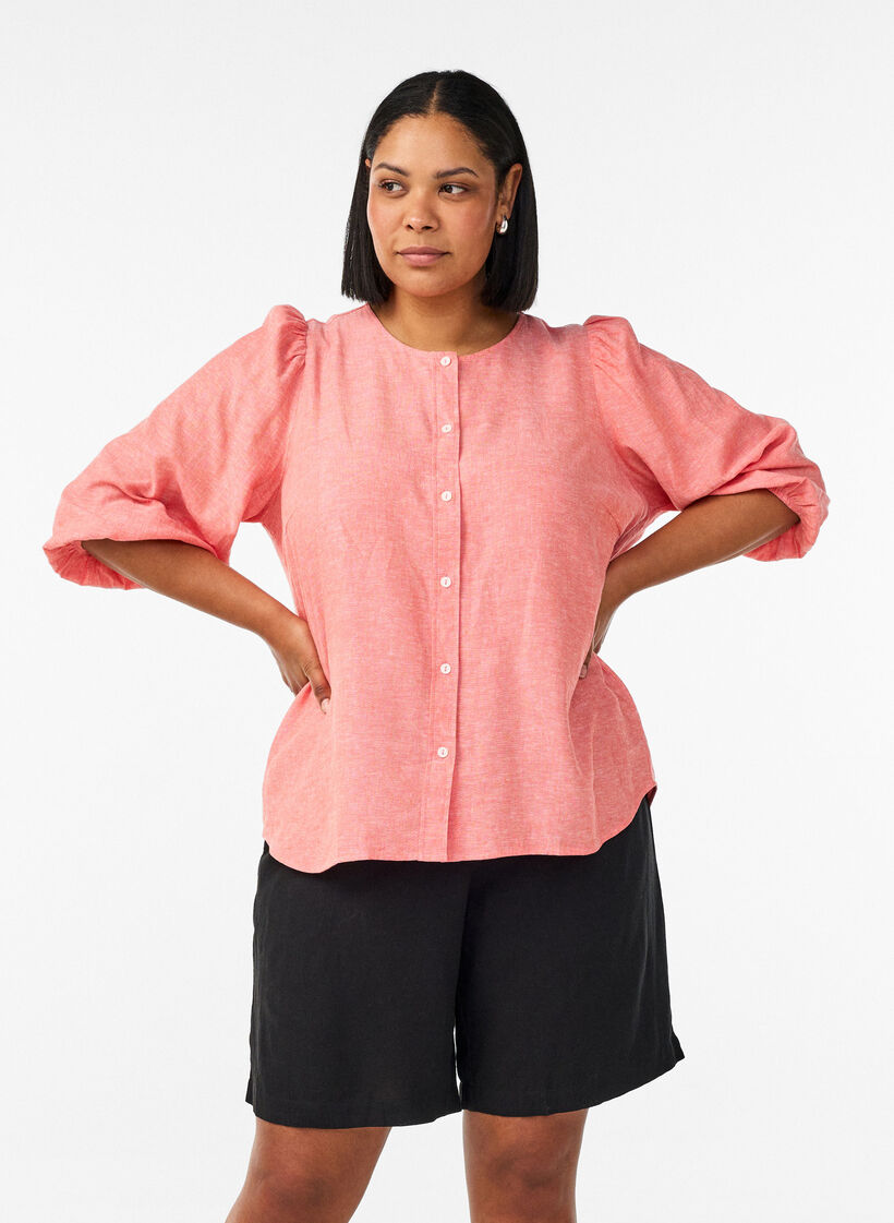 Szorty z lnu i wiskozy z wysokim stanem, Czarne, Model image number 0